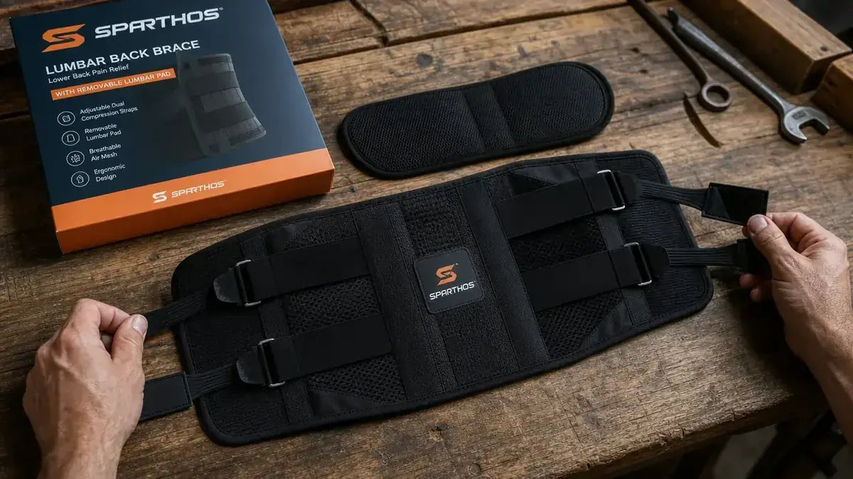 Close-up of the Sparthos back brace lumbar pad and dual side straps laid flat on a wooden surface