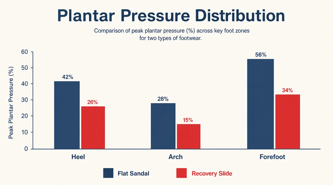 Chart comparing foot pressure in regular flat sandals versus contoured recovery slides