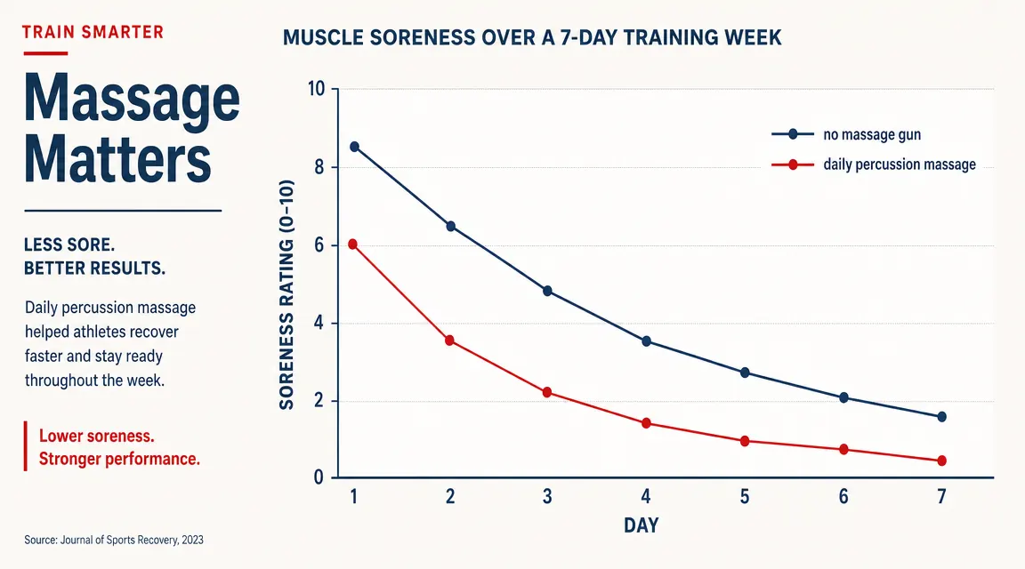 Chart showing muscle soreness level over a seven-day recovery week with and without daily percussion massage use