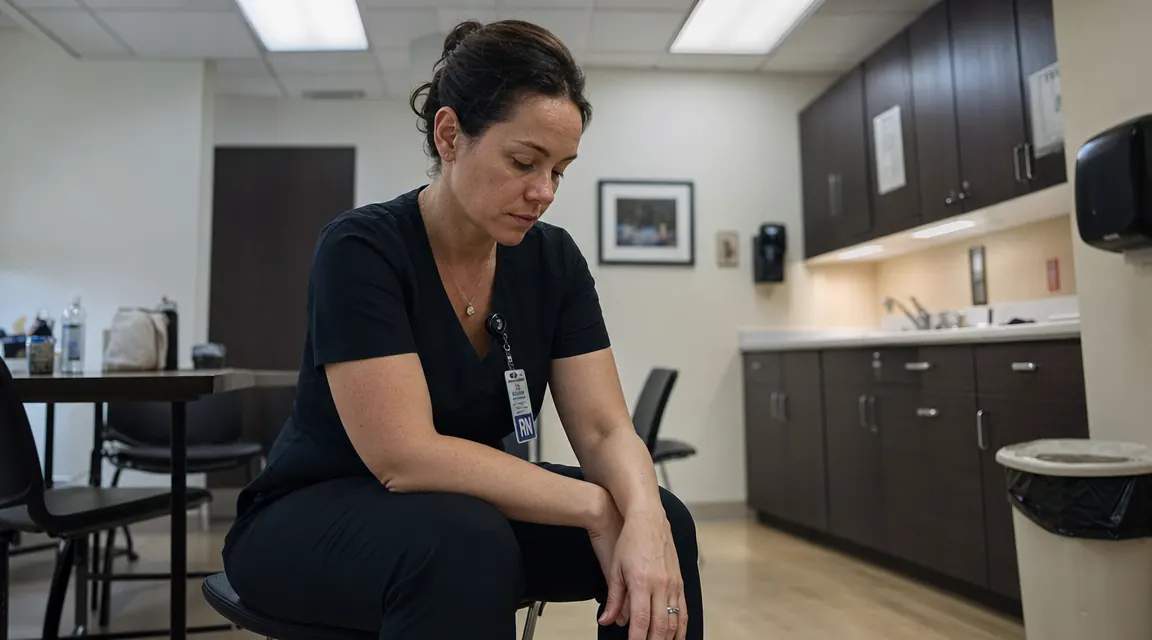 Woman in scrubs sitting on the edge of a hospital break room chair, eyes closed, hand resting on a sore knee, end-of-shift exhaustion