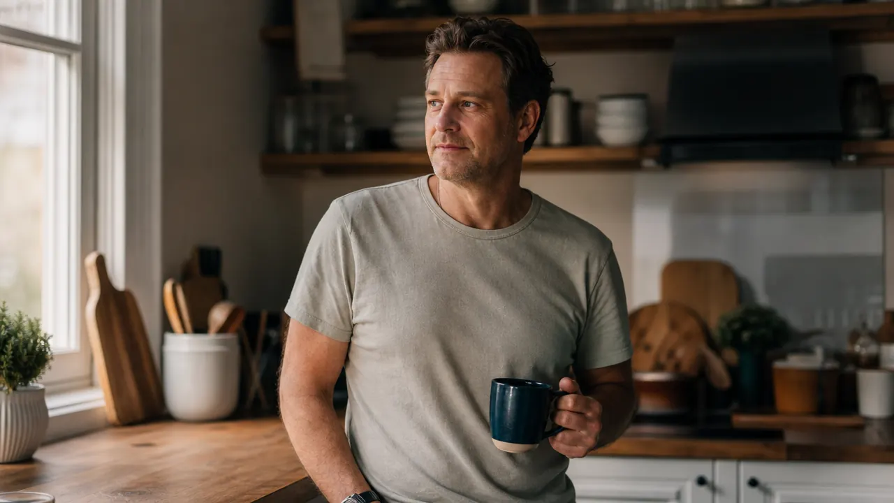 Man standing in a kitchen holding a coffee mug, relaxed posture, morning light, no visible pain