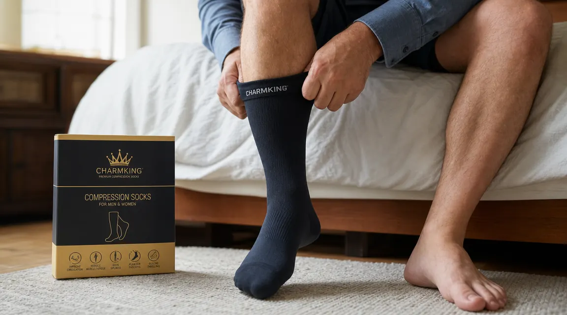 Hands pulling on a pair of patterned compression socks over bare feet before a shift