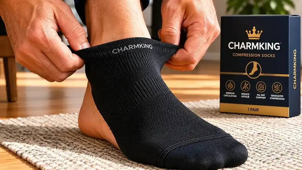 Hands pulling on CHARMKING compression socks over a foot, showing the reinforced toe band up close
