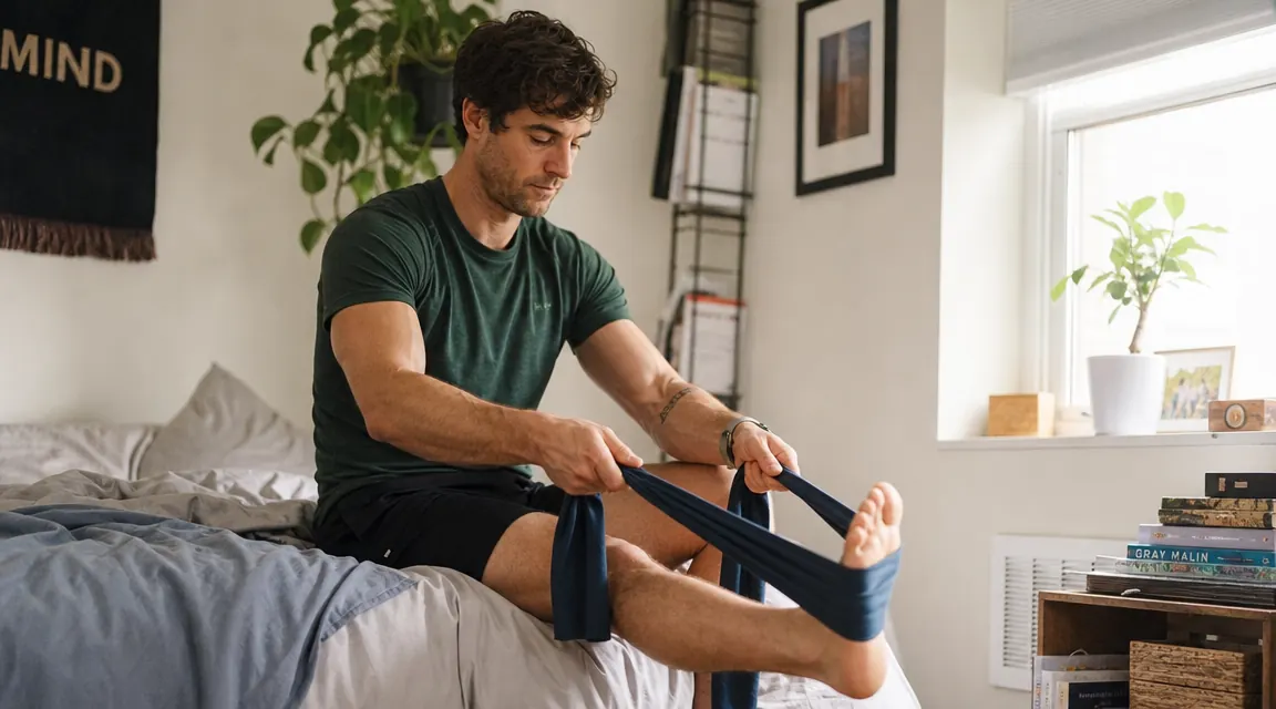 Person performing a seated calf stretch with a towel looped around the ball of the foot, first thing in the morning