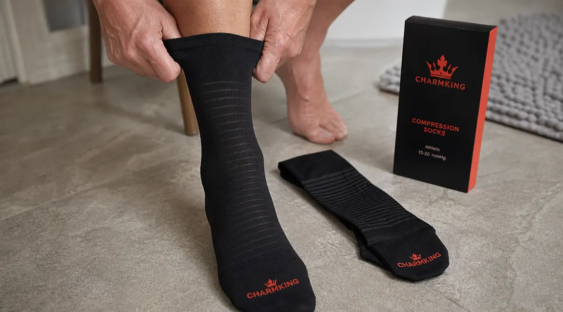 Hands unrolling a pair of CHARMKING compression socks before a work shift, close-up on the sock fabric texture and graduated compression bands