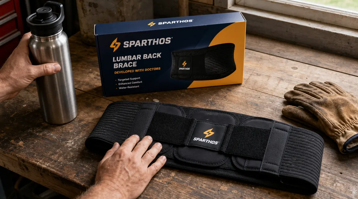 A lumbar back brace laid flat on a wooden workbench beside a water bottle and work gloves