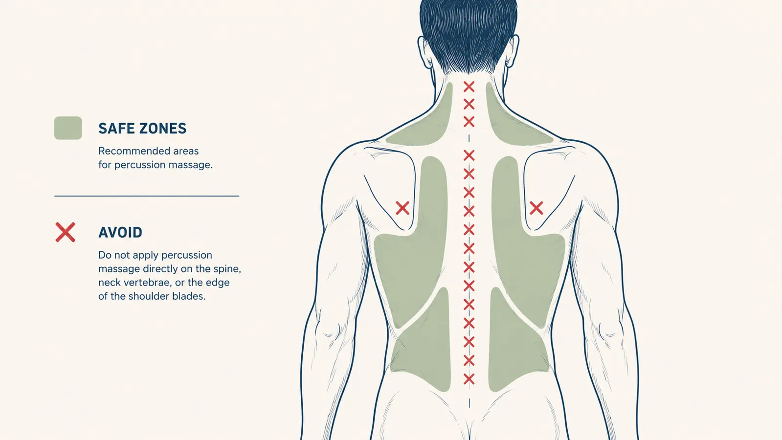 Diagram showing the safe zones for massage gun use on the back and neck, with the spine and bony landmarks marked as avoid zones