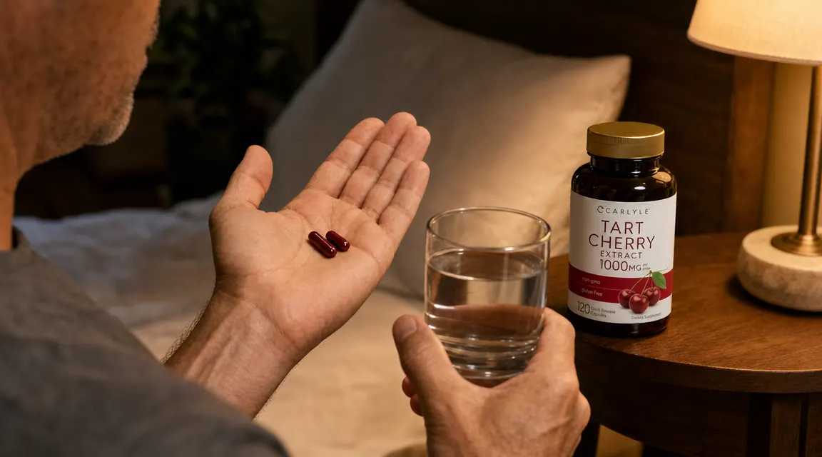 Close-up of tart cherry extract capsules in a person's palm next to a glass of water
