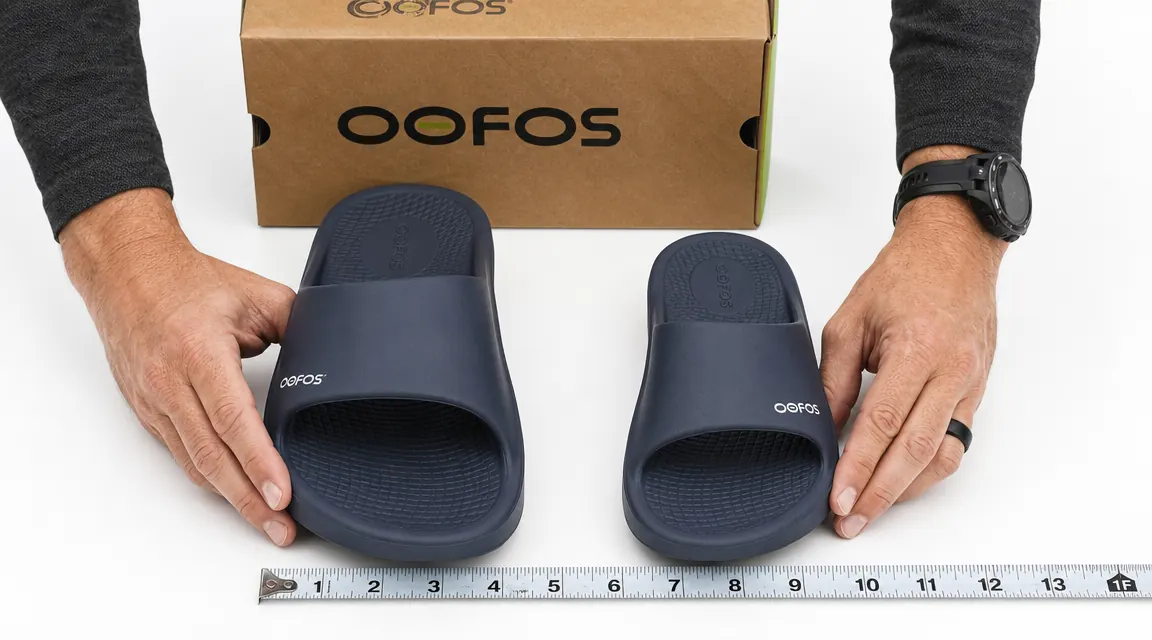 Side-by-side size comparison of an OOFOS OOahh slide in men's size 10 and size 11 on a ruler background
