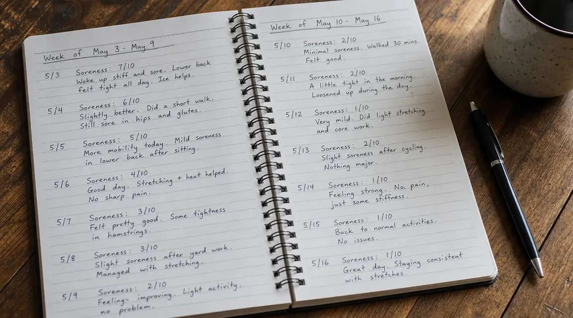 Simple handwritten-style recovery log notebook open to a page showing soreness ratings for two weeks