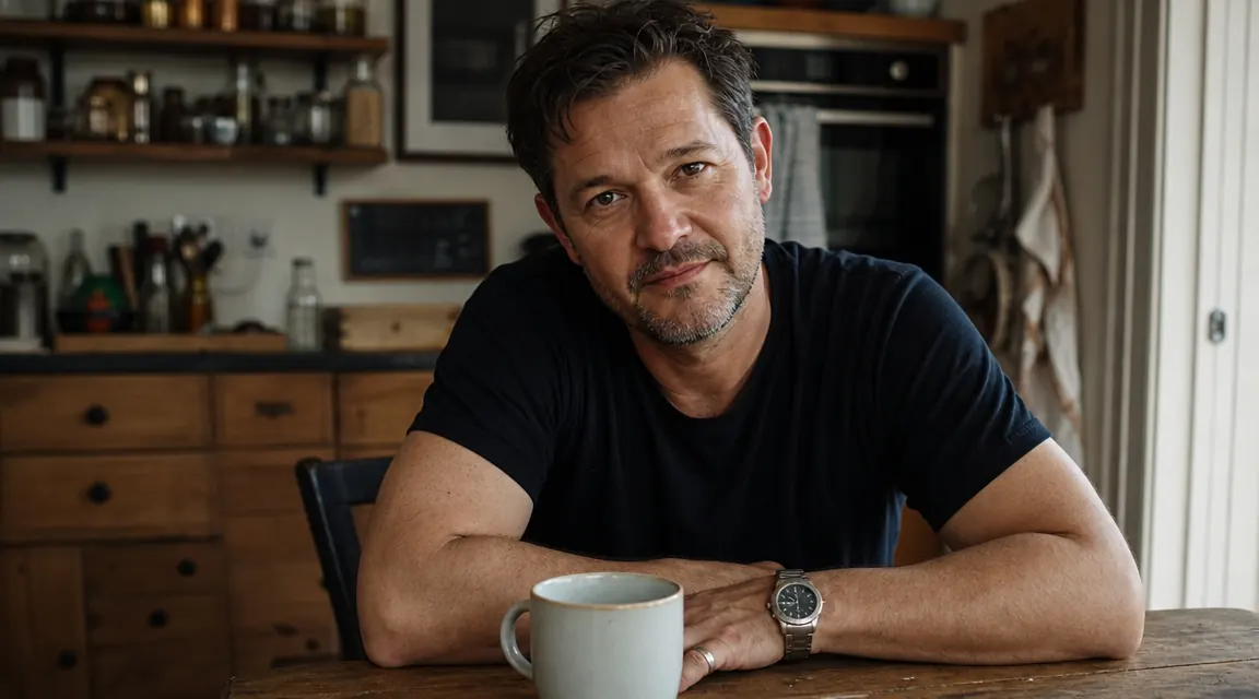 Man sitting at a kitchen table with a coffee mug, relaxed posture, looking out a window in the morning