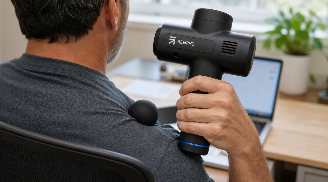 Close-up of a RENPHO massage gun being pressed into the right trapezius muscle with the ball head attachment, resting on a desk nearby