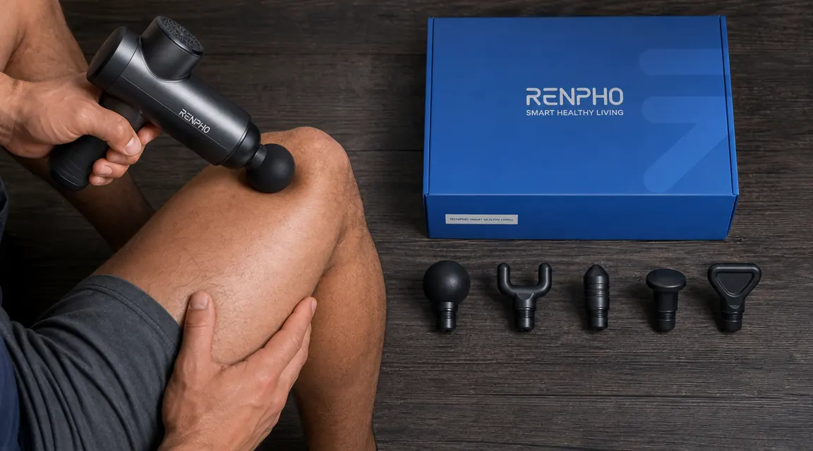 Close-up of the attachment heads included with the RENPHO massage gun laid out on a table