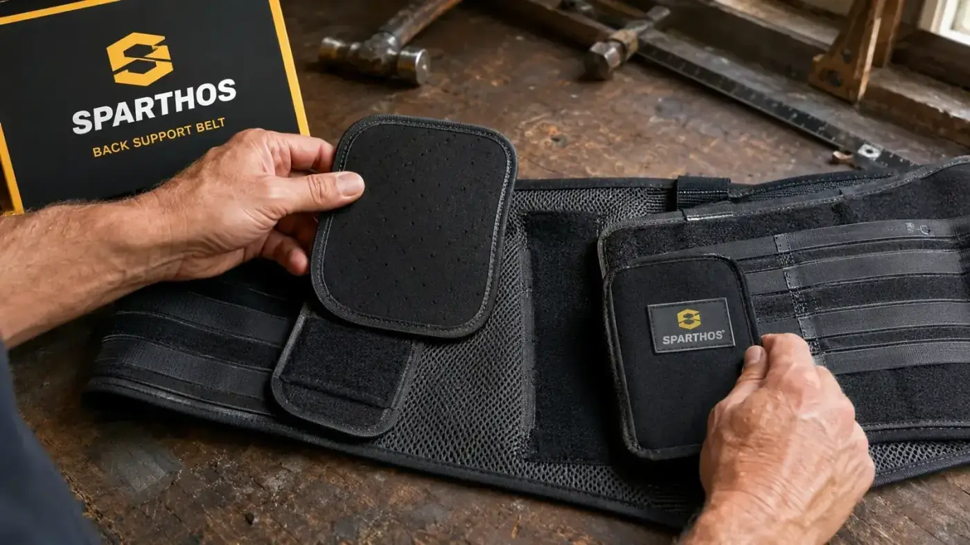 Close-up of the Sparthos back brace lumbar pad and side velcro straps laid flat on a work bench