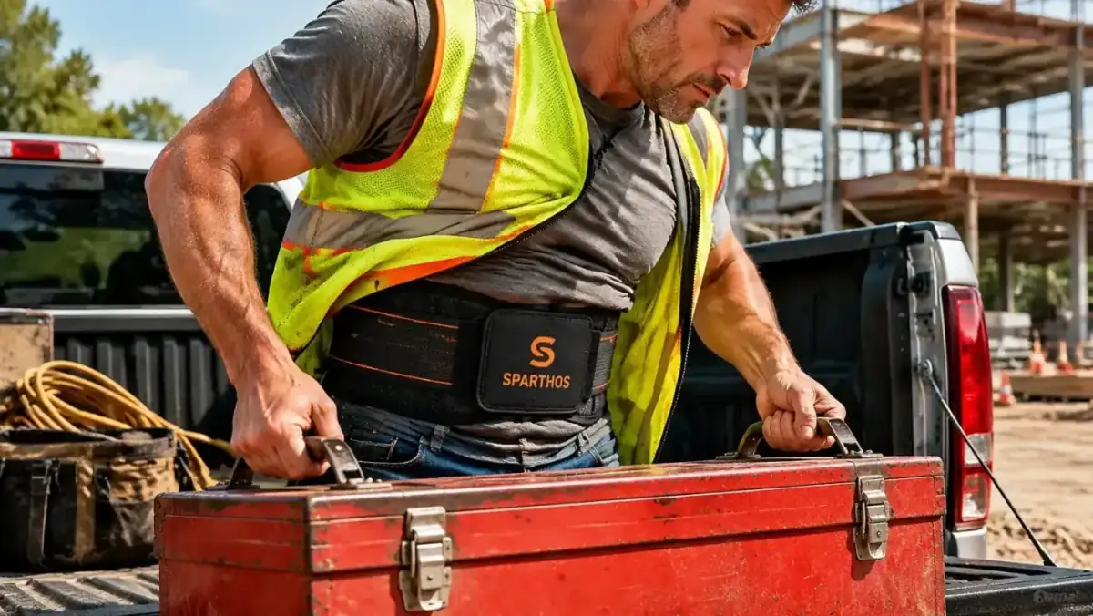 Man lifting a toolbox from the back of a pickup truck while wearing a black lumbar support brace under a high-vis vest