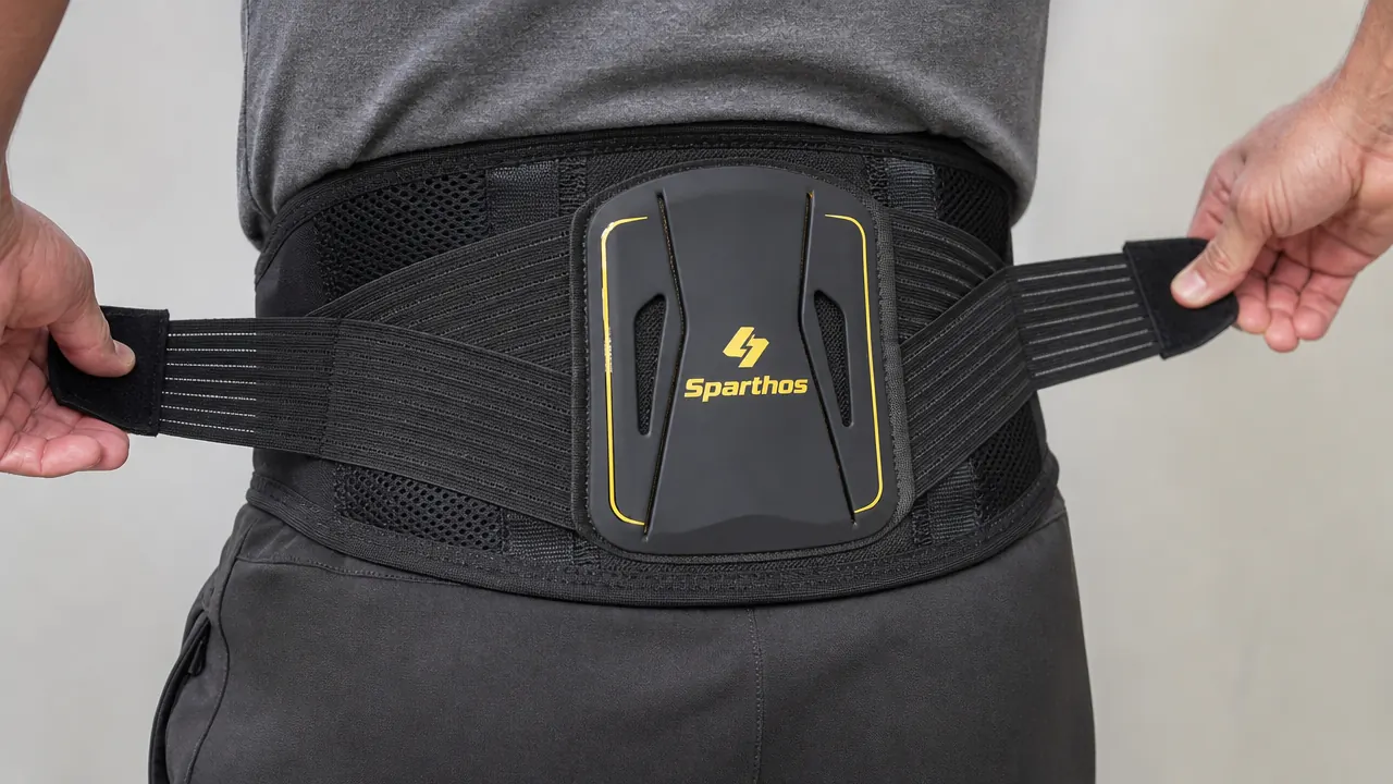 Close-up of the dual velcro adjustment straps on the Sparthos back brace, showing the lumbar pad position against a lower back