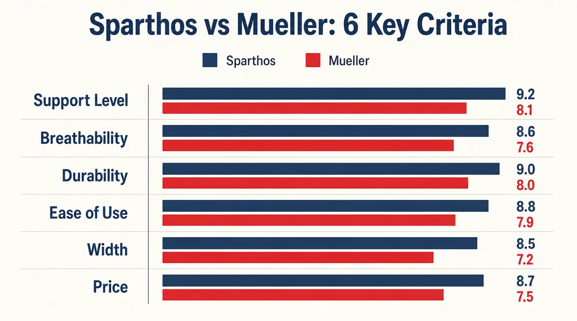 Chart comparing Sparthos and Mueller lumbar brace on six key criteria