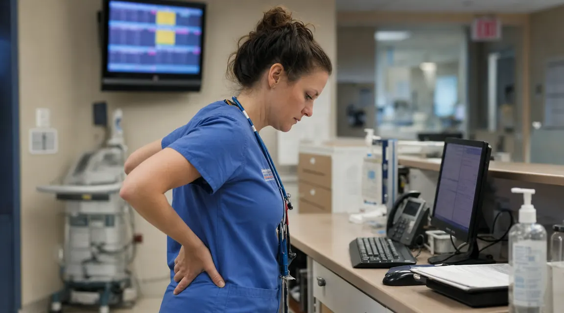 Nurse in scrubs standing at a nursing station with lower back visible, wearing a lumbar support under her scrub top